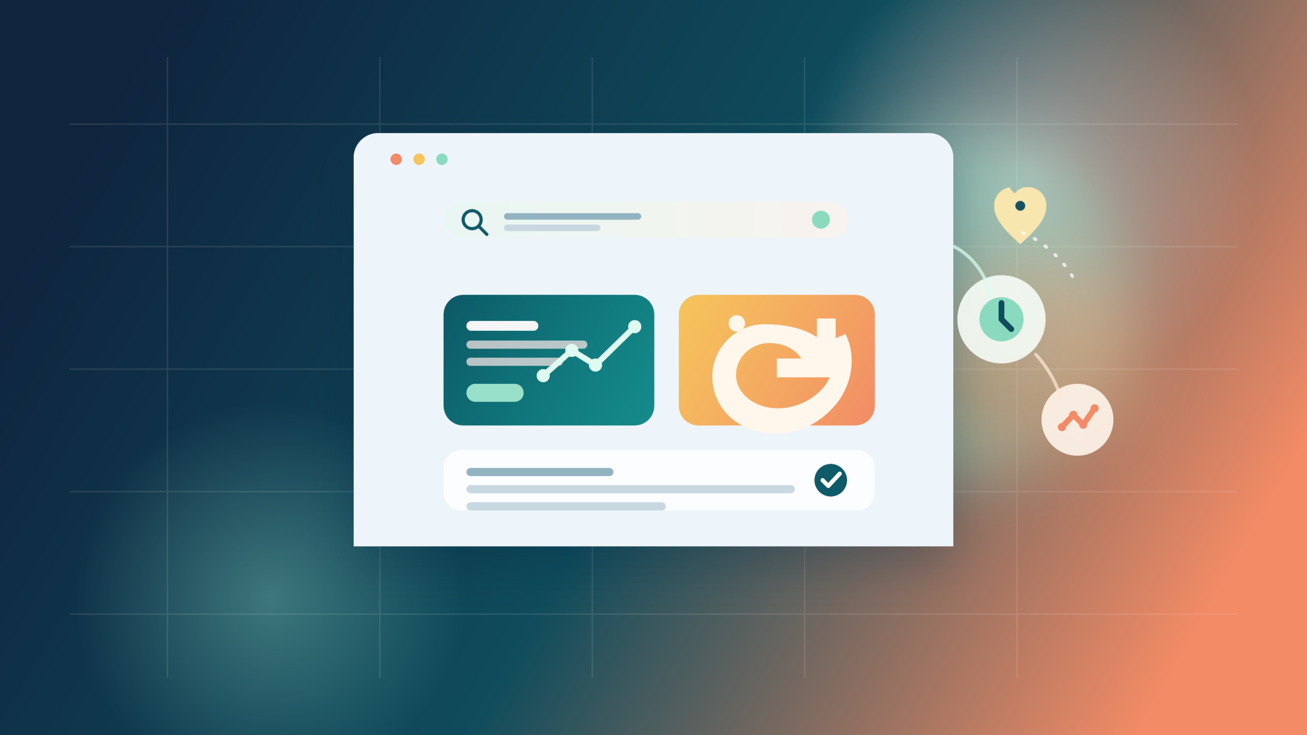 Abstract illustration of AI-powered search optimization with analytics, search, location, and performance icons