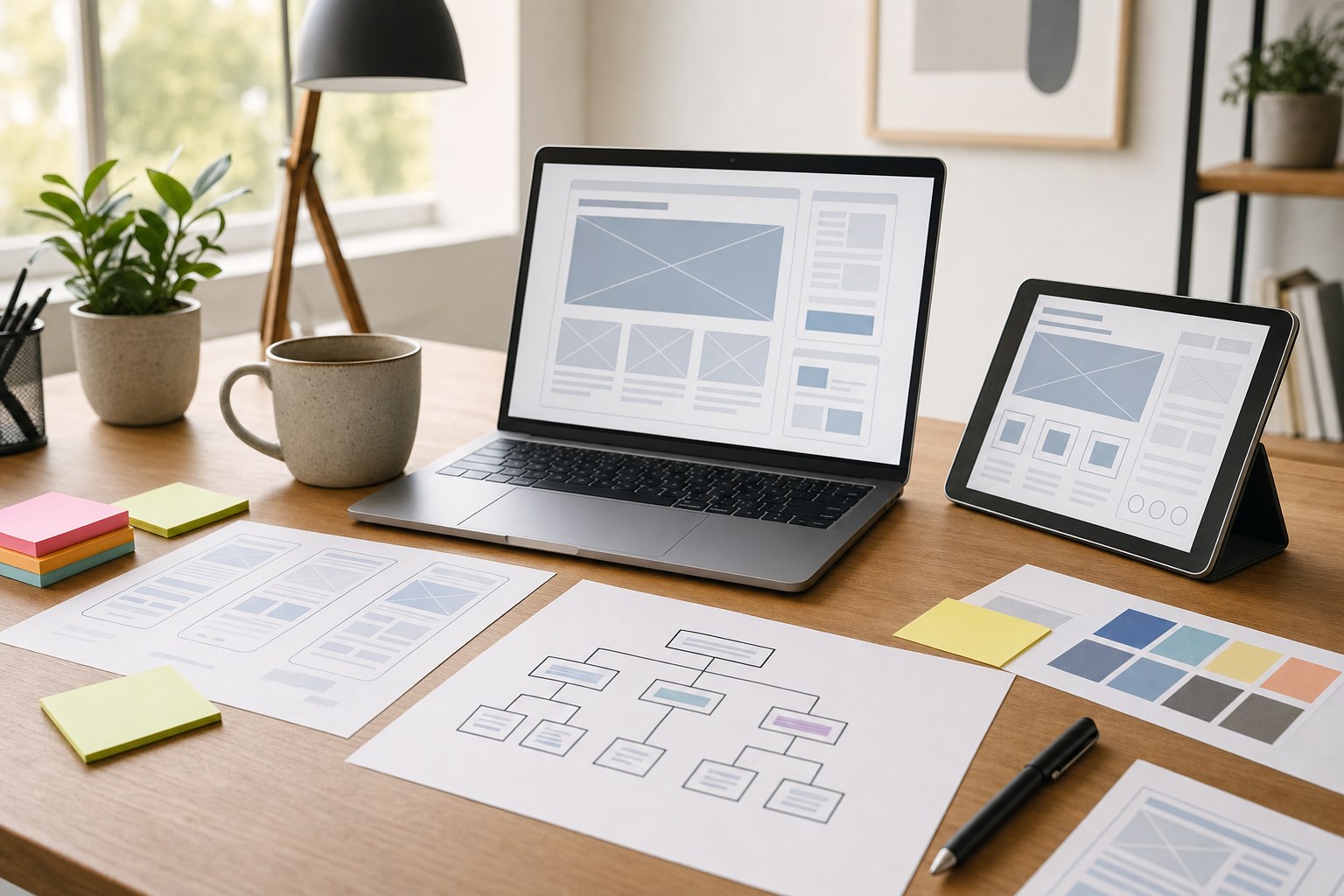Business owner and web designer reviewing a website mockup to hire a web designer for a project