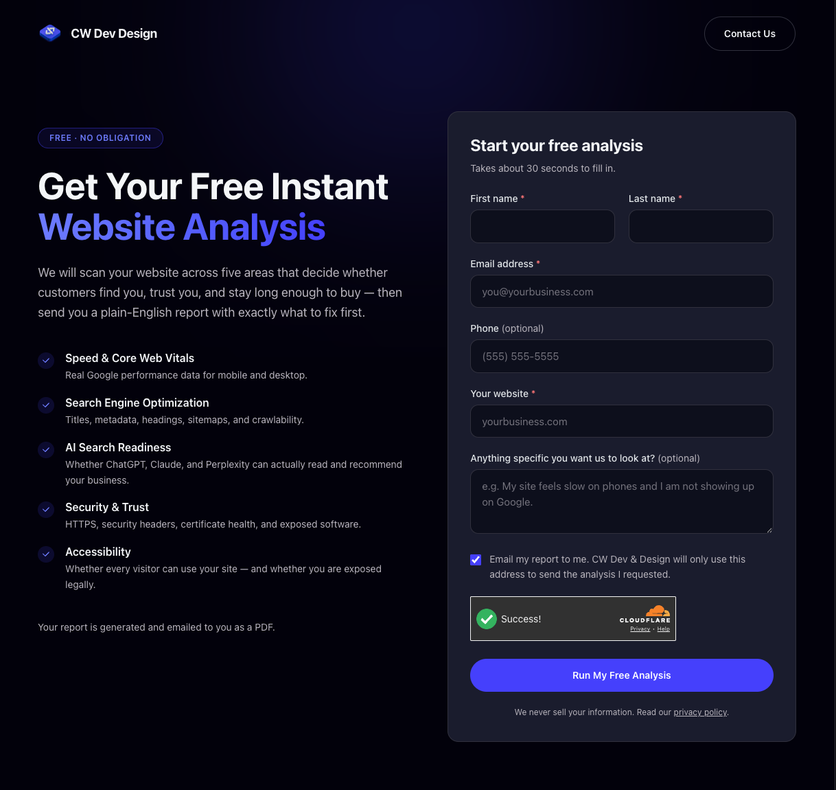 CW Dev & Design free website analysis scanner showing five website health categories